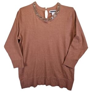 Liz Claiborne Dressy Jeweled Beaded Neck Keyhole 3/4 Sleeve Sweater SMALL